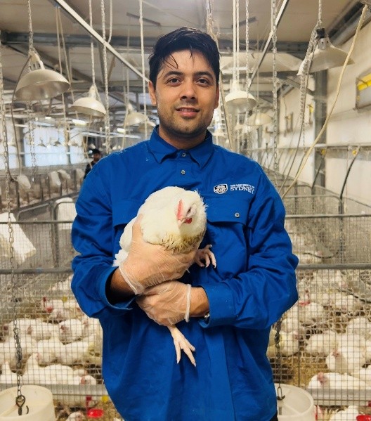 Deepak Subedi holding a broiler chicken